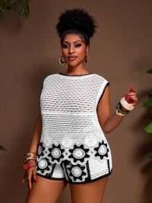 Veslaya Set de bluză și pantaloni scurți din tricot contrastant alb-negru, casual, pentru femei, mărime plus, pentru vacanță la plajă - Alb-negru - Vizualizare 4