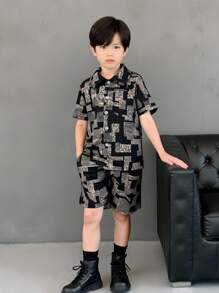 Mirajuku Set de 2 prendas para niños pequeños: camisa de manga corta con cuello y estampado floral, y pantalones cortos casuales para exterior, conjunto de verano - Negro - Ver 1
