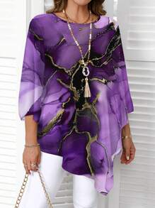 EMERY ROSE Plus Size Casual Marble Ink Texture Pattern Round Neck Long Sleeve Shirt, Suitable For Spring/Autumn