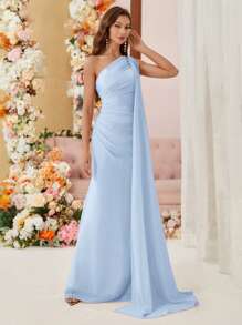 Aureia 雪纺不对称领口垂坠伴娘礼服（成人款） - 淺藍色 - 查看 4