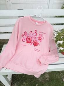 SHEIN Loose Casual Minimalist Comfy Round Neck Floral Graphic Sweatshirt, For Teen Girl,In Fall/Winter - Pink - View 5