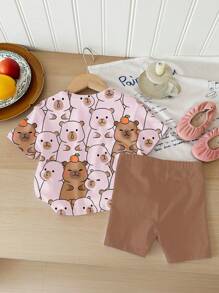 SHEIN Conjunto de 2 piezas de top de manga corta y shorts informal y minimalista para niña, adecuado para el verano - Multicolor - Ver 2