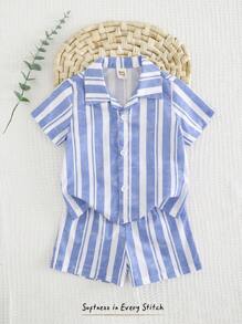 Cozy Pixies 2pcs Baby Boy Colorful Stripe Lapel Short Sleeve Cardigan Top And Elastic Waist Shorts Set