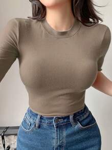 DAZY Women's Summer Stand Collar 3/4 Sleeve Fitted Wrap Casual All-Match T-Shirt,Back To School Clothes - Khaki - View 4