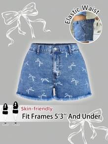 SHEIN PETITE CURVE Plus Size Women's White Bow Design Blue Denim Fringe Hem Shorts Summer Work Clothes Women Airport For Women Vacays Women Club High Waisted Jeans High Waisted Shorts Vintage Y2k Streetwear Women Grunge Raves Festival - Blue - View 1