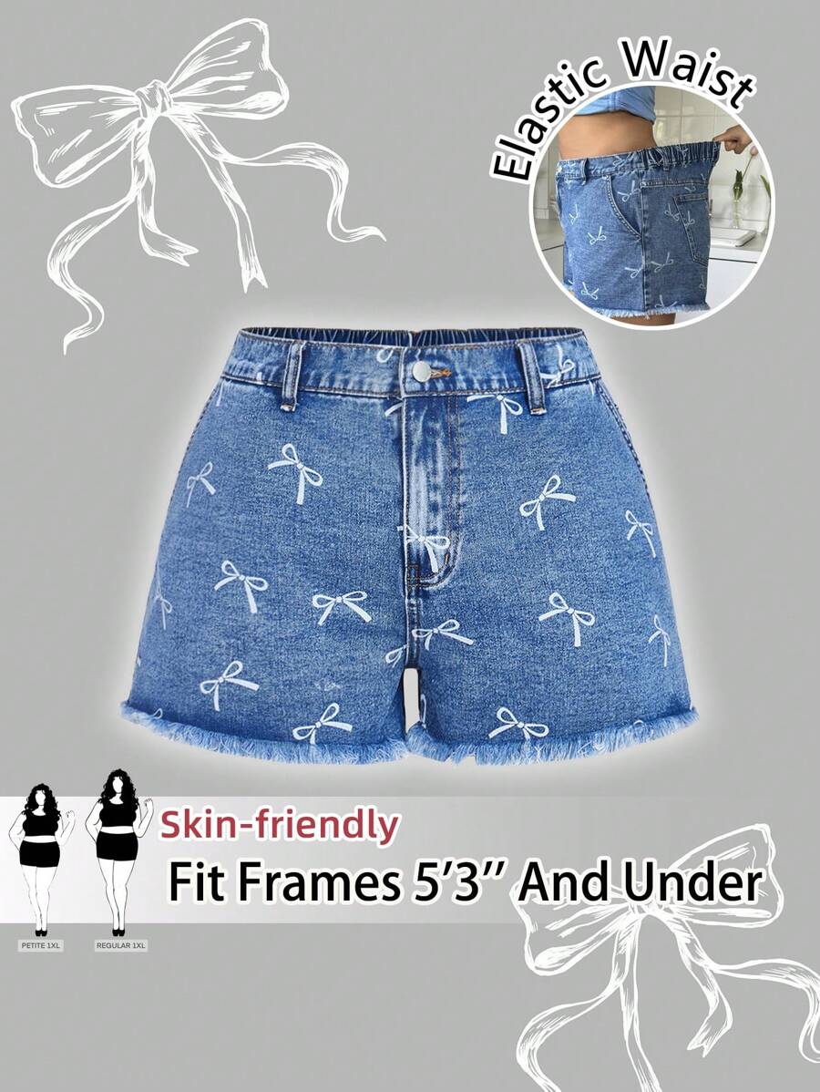 SHEIN PETITE CURVE Plus Size Women's White Bow Design Blue Denim Fringe Hem Shorts Summer Work Clothes Women Airport For Women Vacays Women Club High Waisted Jeans High Waisted Shorts Vintage Y2k Streetwear Women Grunge Raves Festival - Blue - View 1