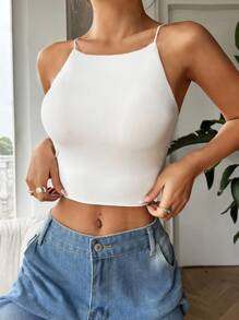 SHEIN EZwear 女士纯色短款修身休闲吊带背心 - 白色 - 查看 5