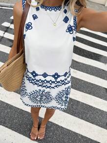 Serisse 2pcs Women Fashion Elegant Printed Tank Top & Mini Skirt Set, Summer - Blue and White - View 6