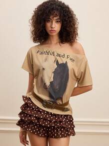 SHEIN MOD Kaos Kasual Longgar Motif Hewan dengan Leher Asimetris Warna Khaki - Khaki - View 6