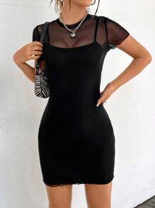 SHEIN EZwear 木耳邊網紗緊身連衣裙和素色吊帶連衣裙 - 黑色 - 查看 5
