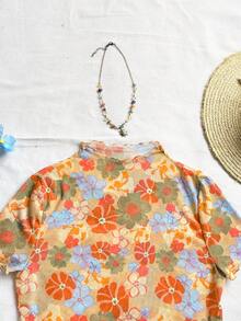 Soleia WYWH 度假波普艺术印花荷叶边下摆短袖短款上衣 T 恤，网眼面料印花短袖 T 恤 - 彩色 - 查看 6