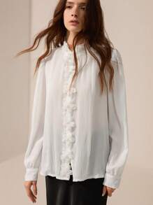 Chiquease White Elegant Women Chiffon Shirt,Exquisite Decorative Floral Design,Stand Collar,Princess Sleeves,Autumn Tea Party High-End Formal Cloth - White - View 6