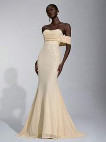 Elitara 优雅、浪漫、端庄、简约、卡其色、串珠面料、露肩、露肩、收腰、鱼尾下摆、拖尾、时尚、网红最爱、节日、度假、生日派对、婚礼、正式晚礼服