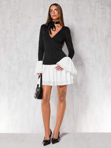 Glamine Women's Double Ruffle Hem Splice V-Neck Bell Sleeve Dress - Black and White - View 6