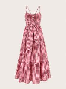 SHEIN LUNE Váy hai dây buộc nơ giản dị, Đầm xuân/hè hè dành cho nữ - Đỏ và trắng - Xem 10