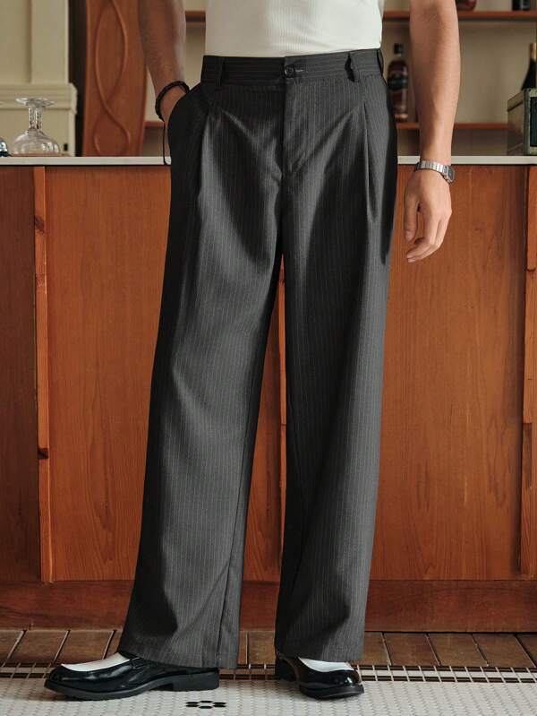 SWAVVY Men's Striped Print Fold Pleated Business Casual Suit Pants