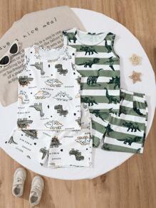 4 piezas Conjunto informal de verano con estampado de dinosaurio pintado a mano en camisetas de tirantes para niños