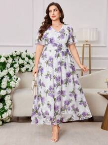 Modelyn Plus Size Women Chiffon Floral Jacquard Ruffle Hem Short Sleeve Elegant Dress - Multicolor - View 6