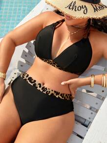 Swim Lushoire Plus Size Women Neck Print Halter Bikini Set, Casual Vacation Animal Print Bikini Leopard Bikini Curve Bikini Set For Summer - Multicolor - View 1