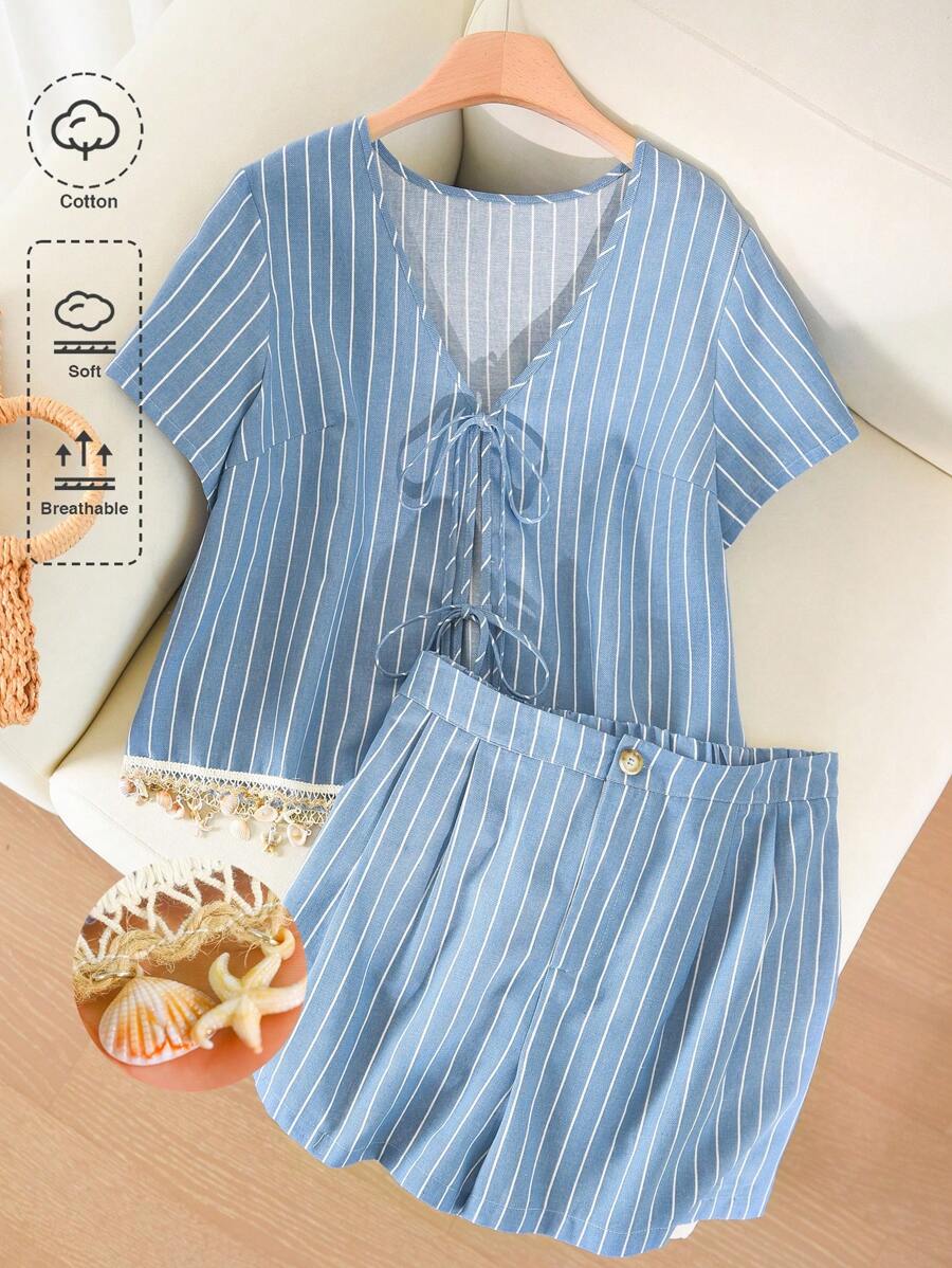 CosyJoli Completo casual estivo a righe taglie forti da donna, camicia + pantaloncini - Blu - Visualizzare 1