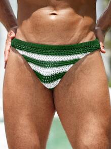 Manfinity Swimmode 男士撞色条纹针织平角内裤 - 綠色 - 查看 3