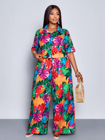 Maweii Women's Tropical Print Loose A-Line Wide Leg Pants For Vacation Fall Cloth For Women