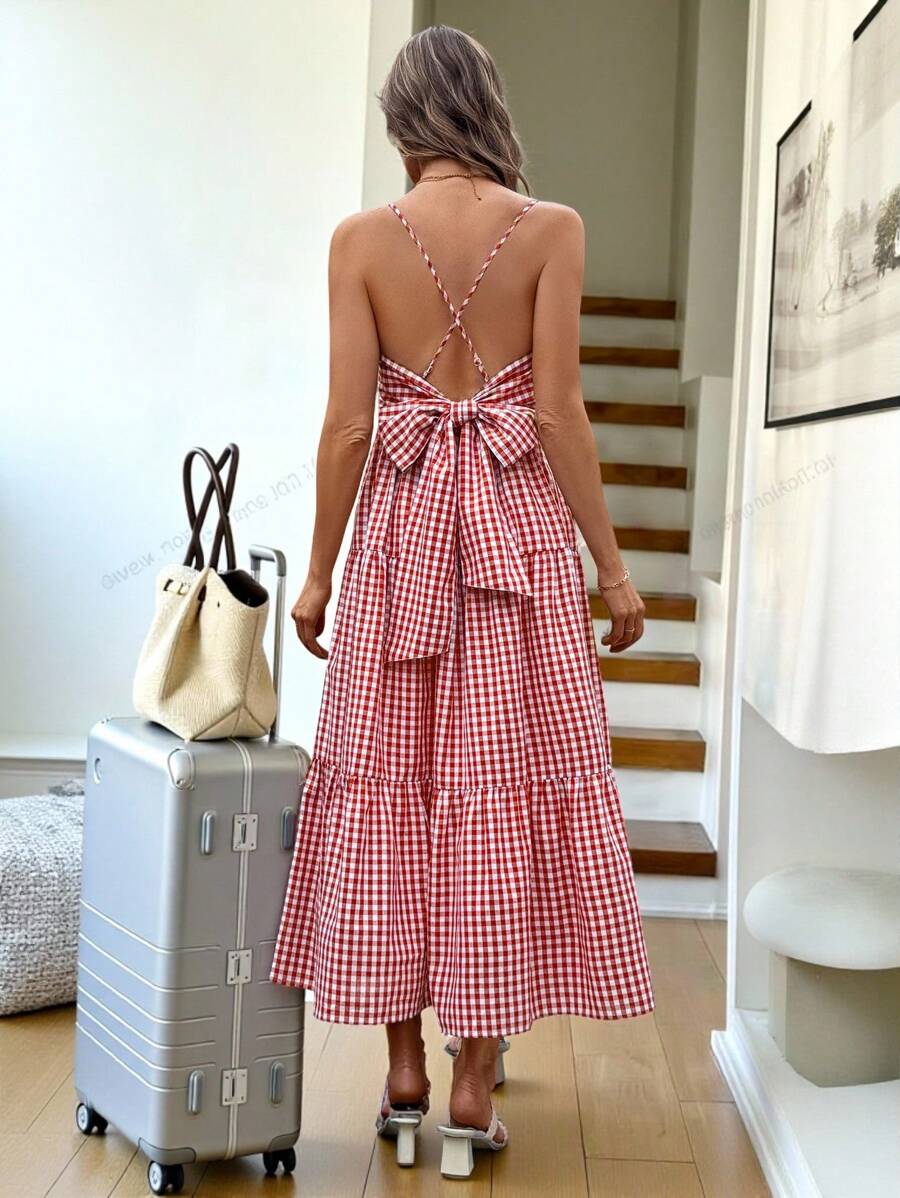 SHEIN LUNE Váy hai dây buộc nơ giản dị, Đầm xuân/hè hè dành cho nữ - Đỏ và trắng - Xem 1