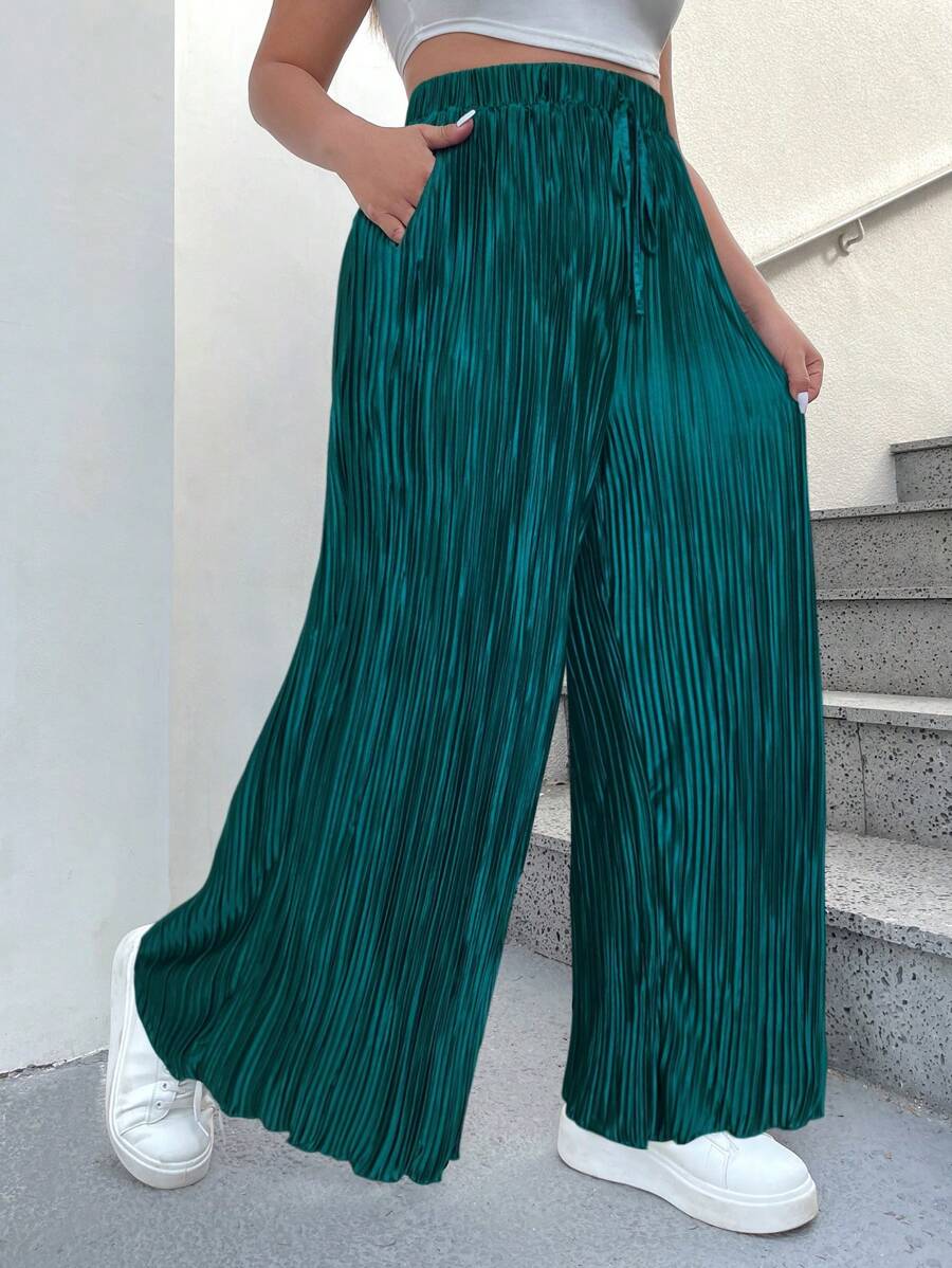 SHEIN EZwear Plus Size Solid Color Pocketed Twist Loose Wide Leg Pants Plus Size Pleated Pants - Teal Blue - View 1