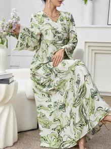 Al Najma Robe arabe élégante à manches longues col V avec imprimé intégral pour femmes - Vert - Voir 6