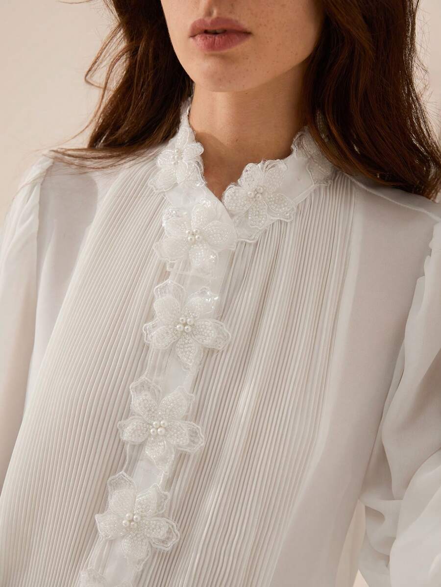 Chiquease White Elegant Women Chiffon Shirt,Exquisite Decorative Floral Design,Stand Collar,Princess Sleeves,Autumn Tea Party High-End Formal Cloth - White - View 1