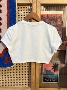 SHEIN ICON Camiseta de algodón de corte corto y cuello redondo, de estilo minimalista casual con un patrón retro de estilo vaquero del oeste americano - Blanco - Ver 2