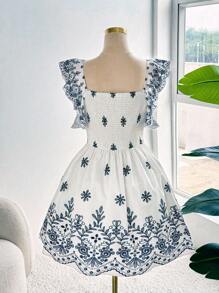 Sweetra 大码女式灯笼袖系带前开襟A字连衣裙，度假风格，春夏 - 藍白色 - 查看 2
