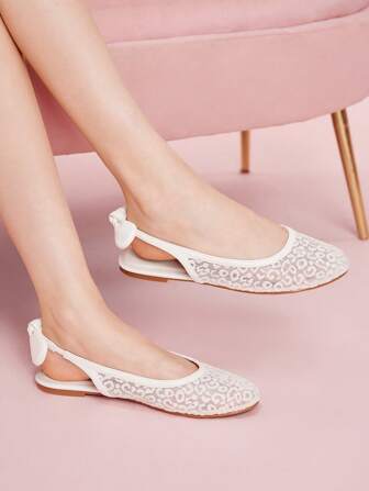 CUCCOO DOLLMOD Beige PU Floral Mesh Patchwork Bow Slingback Comfortable Flat Sandals