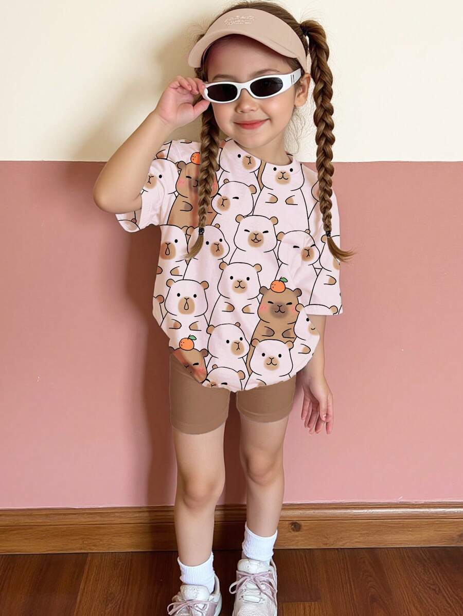 SHEIN Conjunto de 2 piezas de top de manga corta y shorts informal y minimalista para niña, adecuado para el verano - Multicolor - Ver 1