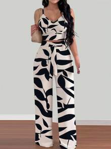 INAWLY 2 件大码女式花卉印花细肩带松紧腰系带蝴蝶结连体裤 - 杏色 - 查看 3