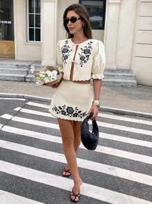 Serisse Women Floral Embroidered Contrast Trim Short Sleeve Top And Skirt Set