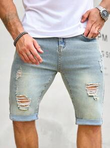 Manfinity Homme 男式纯色做旧口袋紧身休闲牛仔短裤 - 藍色 - 查看 4