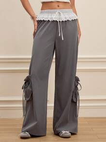 SHEIN MOD Pantalones elegantes con ribete de encaje en contraste gris - Gris - Ver 1