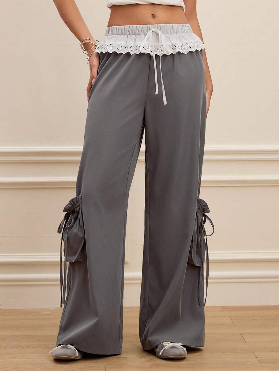 SHEIN MOD Pantalones elegantes con ribete de encaje en contraste gris - Gris - Ver 1