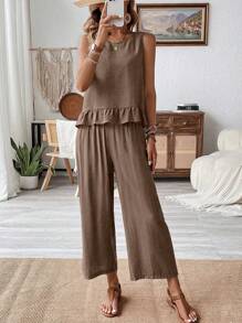 Breezaya 2pcs/Set Sleeveless Top With Ruffle Hem & Linen Pants, Summer - Brown - View 4