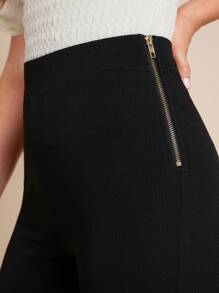 Amorya 女士优雅纹理针织弹力面料喇叭下摆蕾丝花边针织黑色裤子，百搭