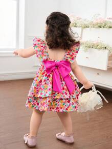 SHEIN Babygirl 可爱花卉图案荷叶边宽松度假连衣裙 - 玫紅色 - 查看 2