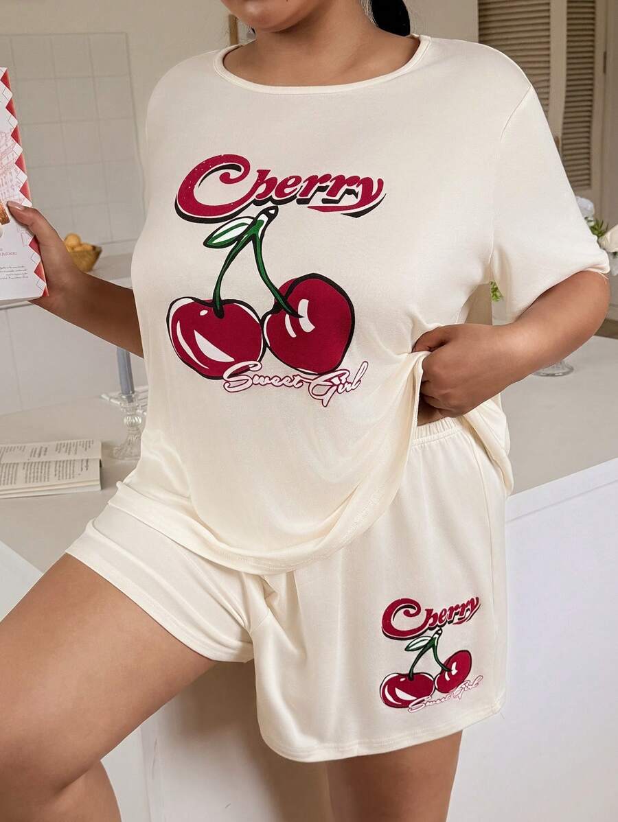 Slumberry CURVE Plus Size Cherry Print Casual Short Sleeve Shorts Pajama Set - Yellow - View 1