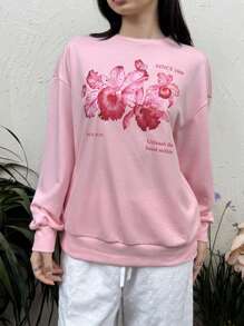 SHEIN Loose Casual Minimalist Comfy Round Neck Floral Graphic Sweatshirt, For Teen Girl,In Fall/Winter - Pink - View 4