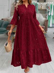 SHEIN LUNE 加大码连衣裙情人节红色连衣裙女士长裙夏季连衣裙夏季波西米亚风复古款 - 酒紅色 - 查看 5