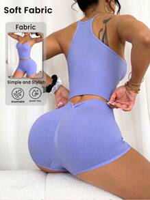 Easithlete Bộ đồ thể thao áo không tay và quần short có gân cho nữ - Màu tím - Xem 3