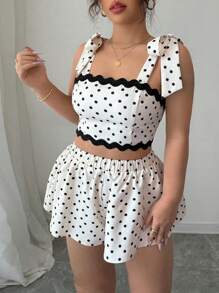 INAWLY Ensemble 2 pièces nouvelle collection été, Top court à volants à imprimé pois élégant à nœud papillon, plus pantalon ample à taille élastique pour femmes grande taille