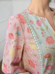 Yasmyna 浪漫花卉蕾丝拼接宽松休闲女式连衣裙 - 彩色 - 查看 7