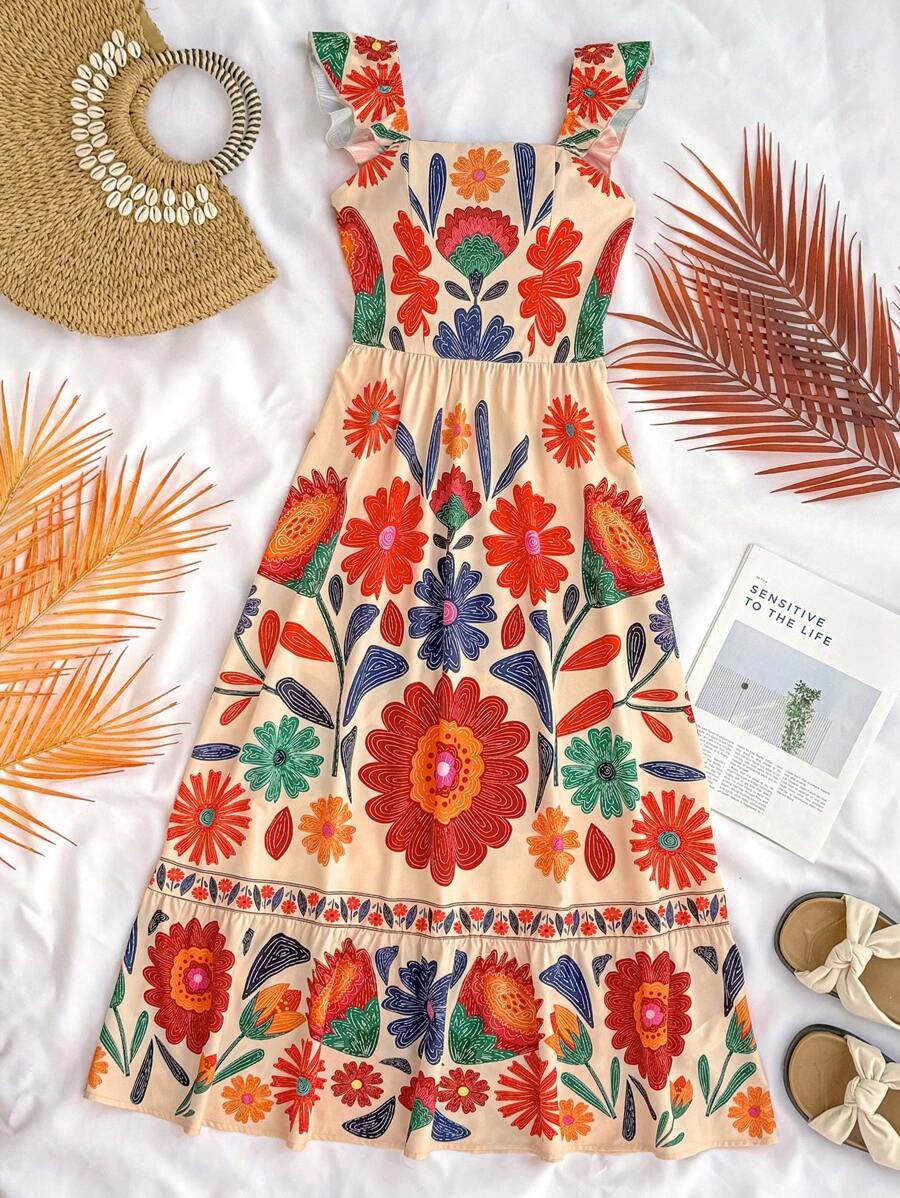 SHEIN Vestido largo con cuello cuadrado y mangas cortas con estampado floral para adolescentes, vestido de verano - Multicolor - Ver 1