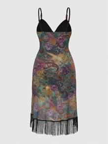 ROMWE Hippie Abito vintage da donna di taglia grande, stile cowgirl western, per festival musicali, con rete, perline, frange e stampa paisley